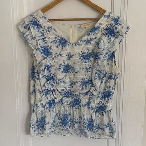 Anthropologie forever that girl Blue Floral Ruffle Blouse